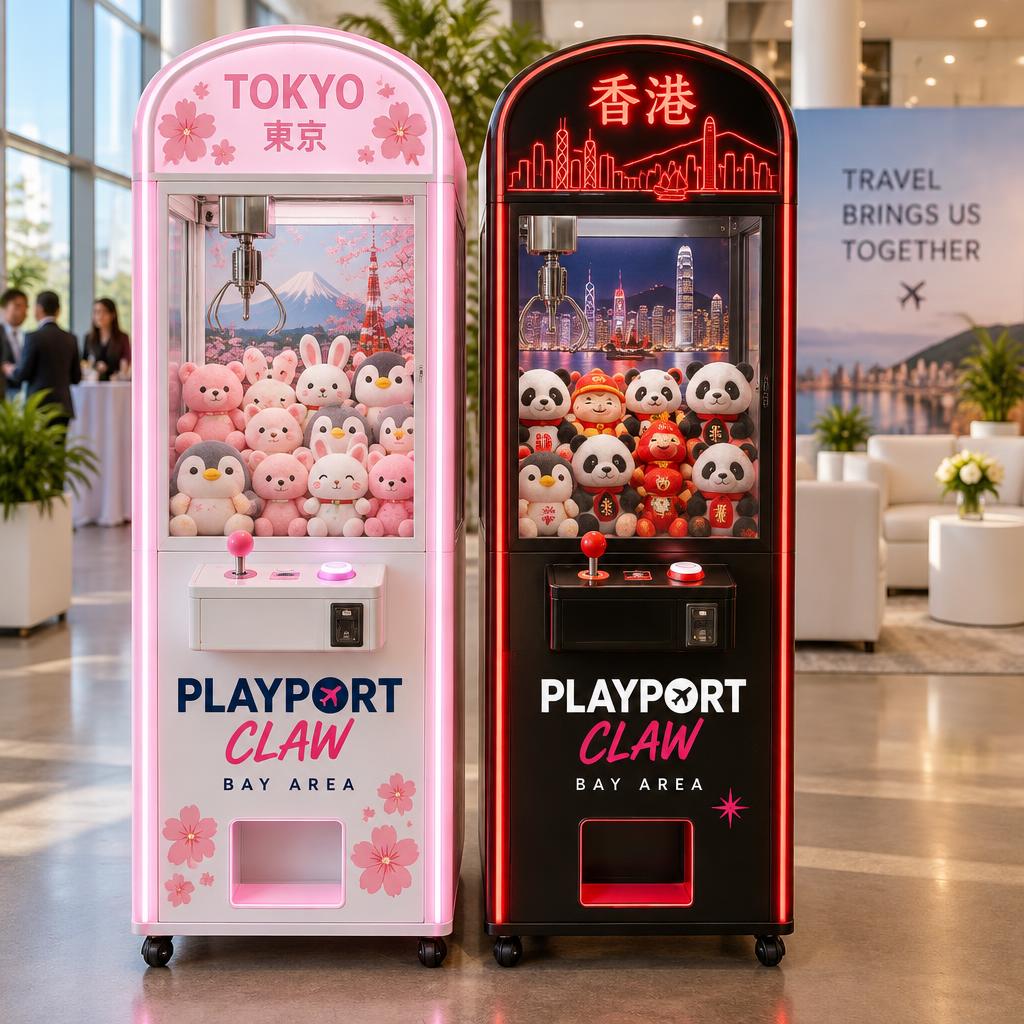 Tokyo and Hong Kong themed claw machines side by side at an event